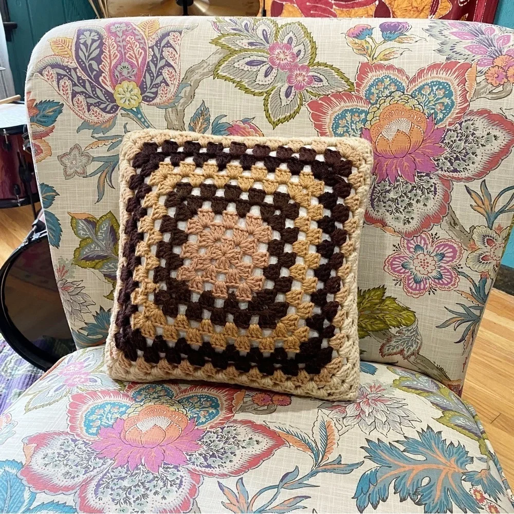 Crochet Granny Square Flower Power Pillow